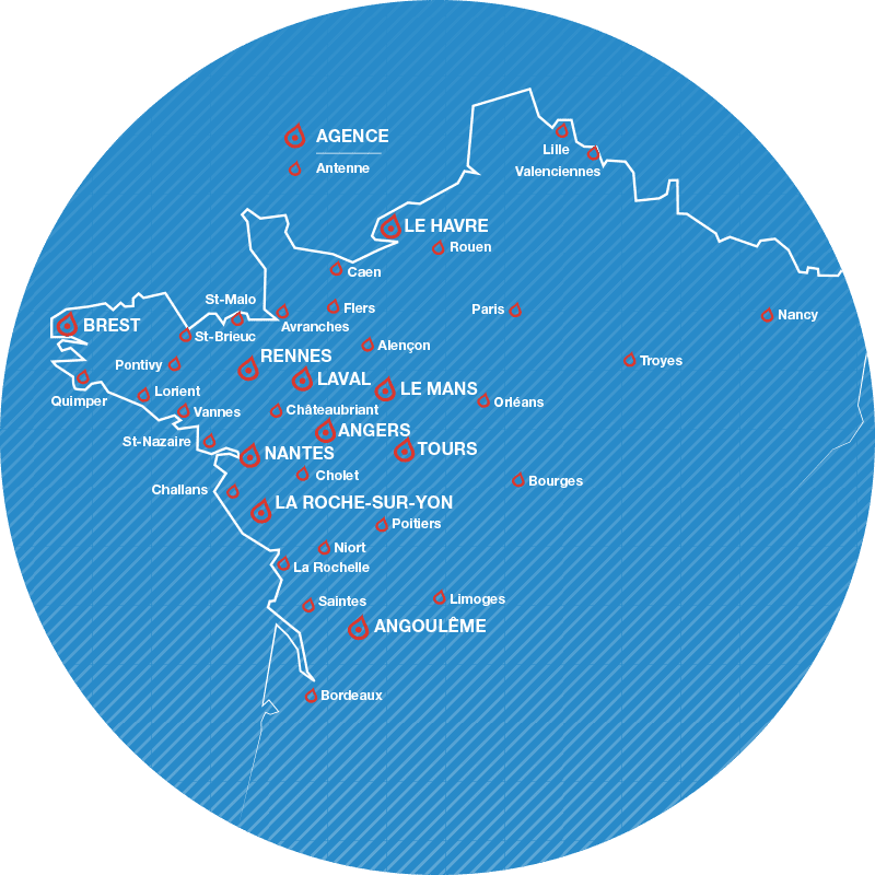 Carte de France implantations Hémo Services